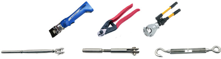 Herramientas y accesorios para instalar malla de cuerda